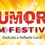 Scritta "Rumore Bim Festival dedicato a Raffaella Carrà " su sfondo giallo e arancione