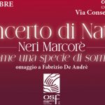 Locandina concerto "Come una specie di sorriso", su sfondo bordeaux