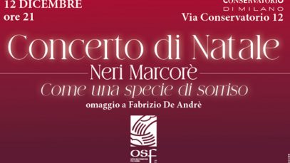 Locandina concerto "Come una specie di sorriso", su sfondo bordeaux