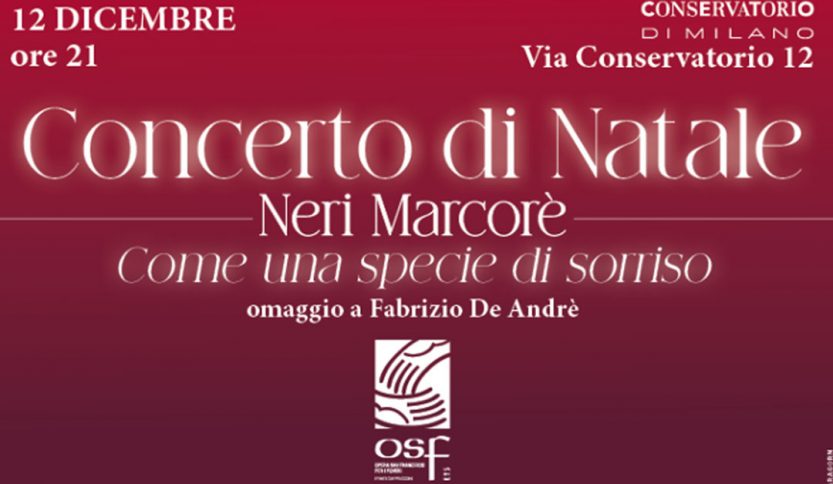 Locandina concerto "Come una specie di sorriso", su sfondo bordeaux