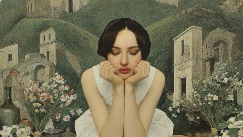 Arisa con dietro un paesaggio