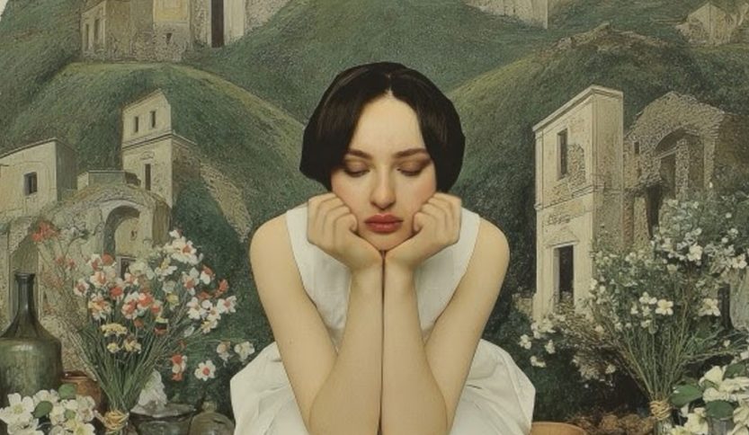 Arisa con dietro un paesaggio