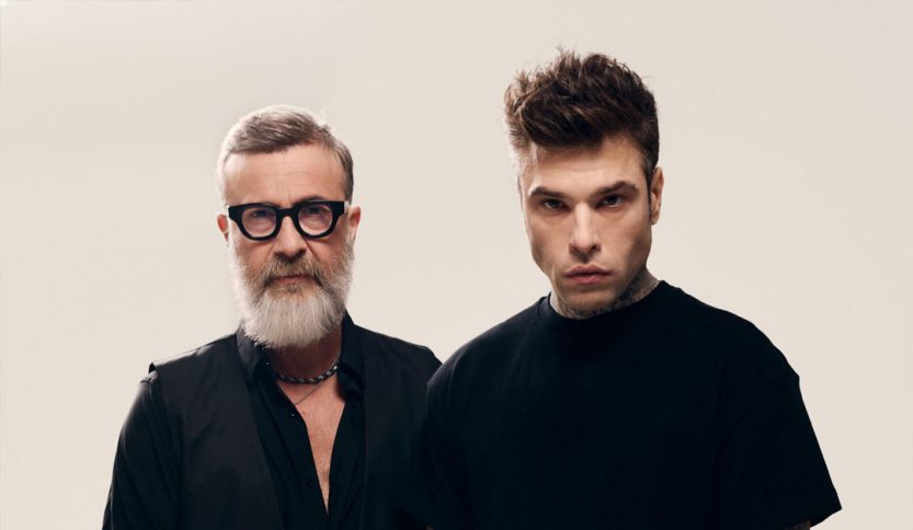 Fedez e Marco Masini con sfondo beige